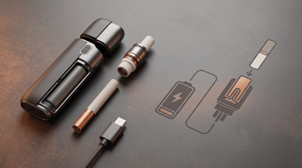 Generic heated tobacco device and components illustrating how heated tobacco technology differs from cigarettes and vaping.